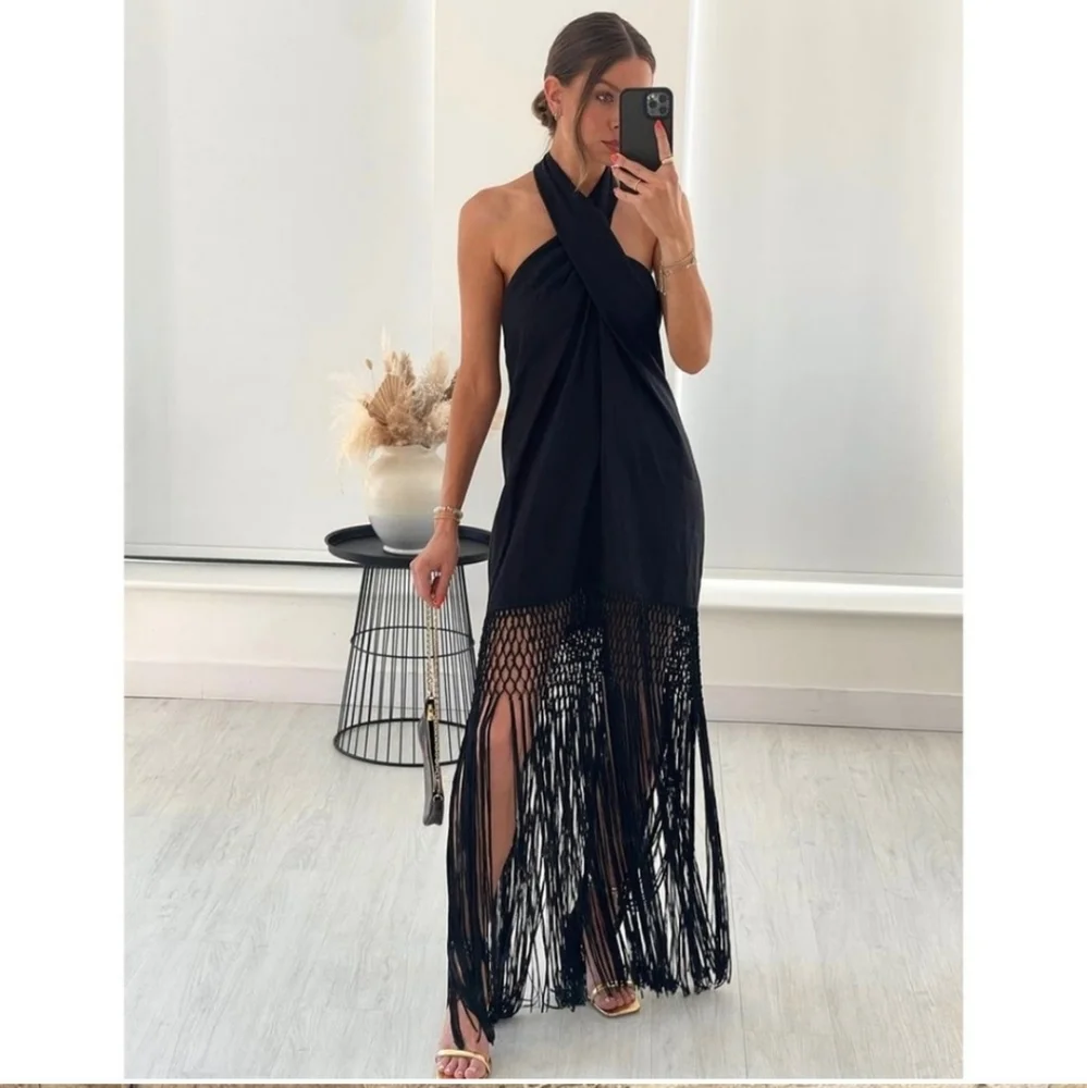 Zara halter * linen dress with fringe black size XS - Picture 2 of 16